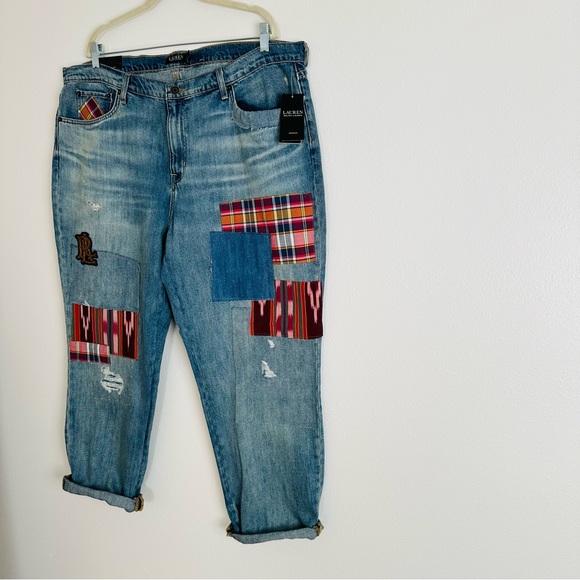 New Ralph Lauren Plus Size Patchwork Boho Relaxed Tapered Jeans in Skye Wash - Picture 12 of 12
